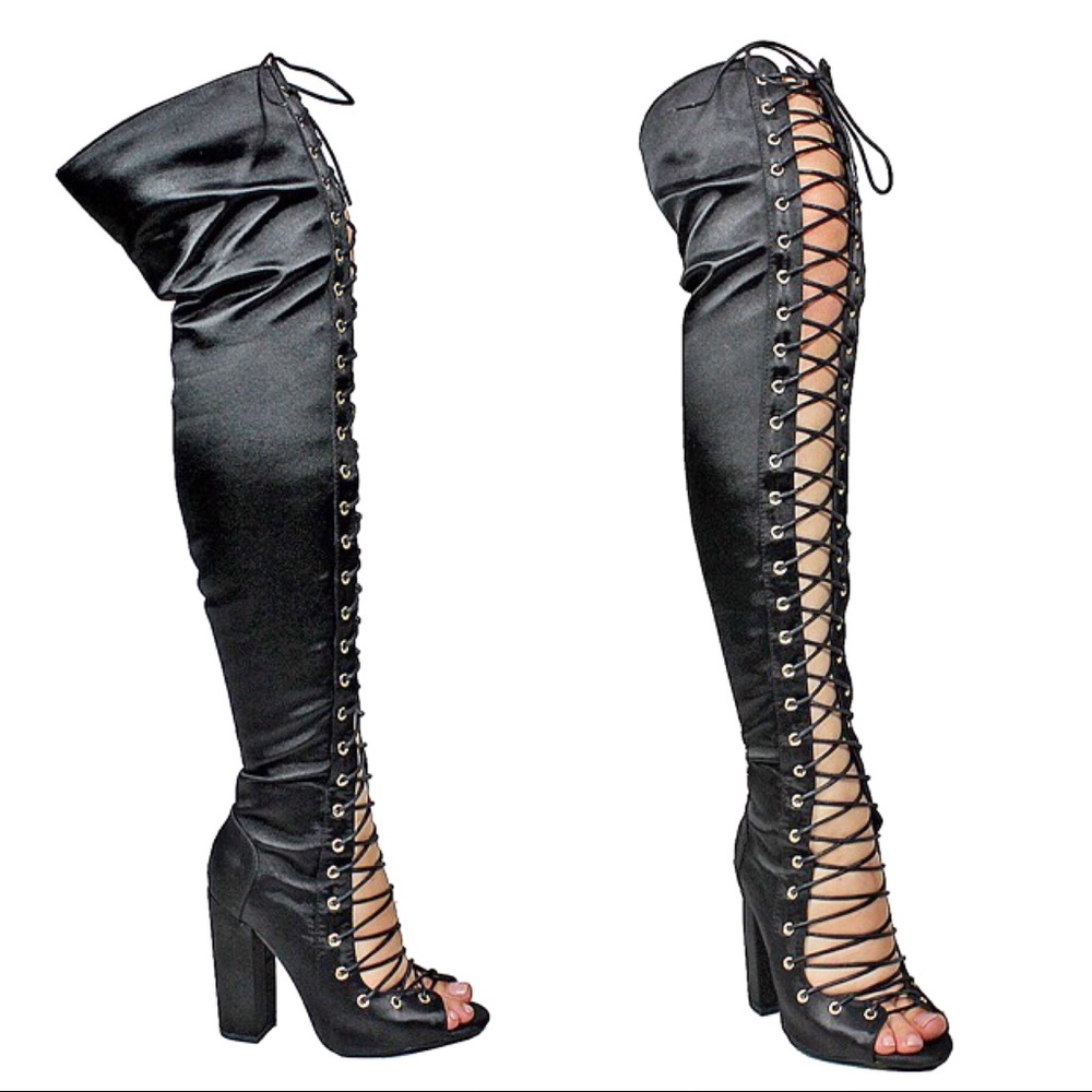 Olive Thigh LaceUp Chunky Heel Boot